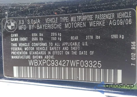 2007 BMW X3 3.0Si from USA, damaged, VIN WBXPC93427WF03325